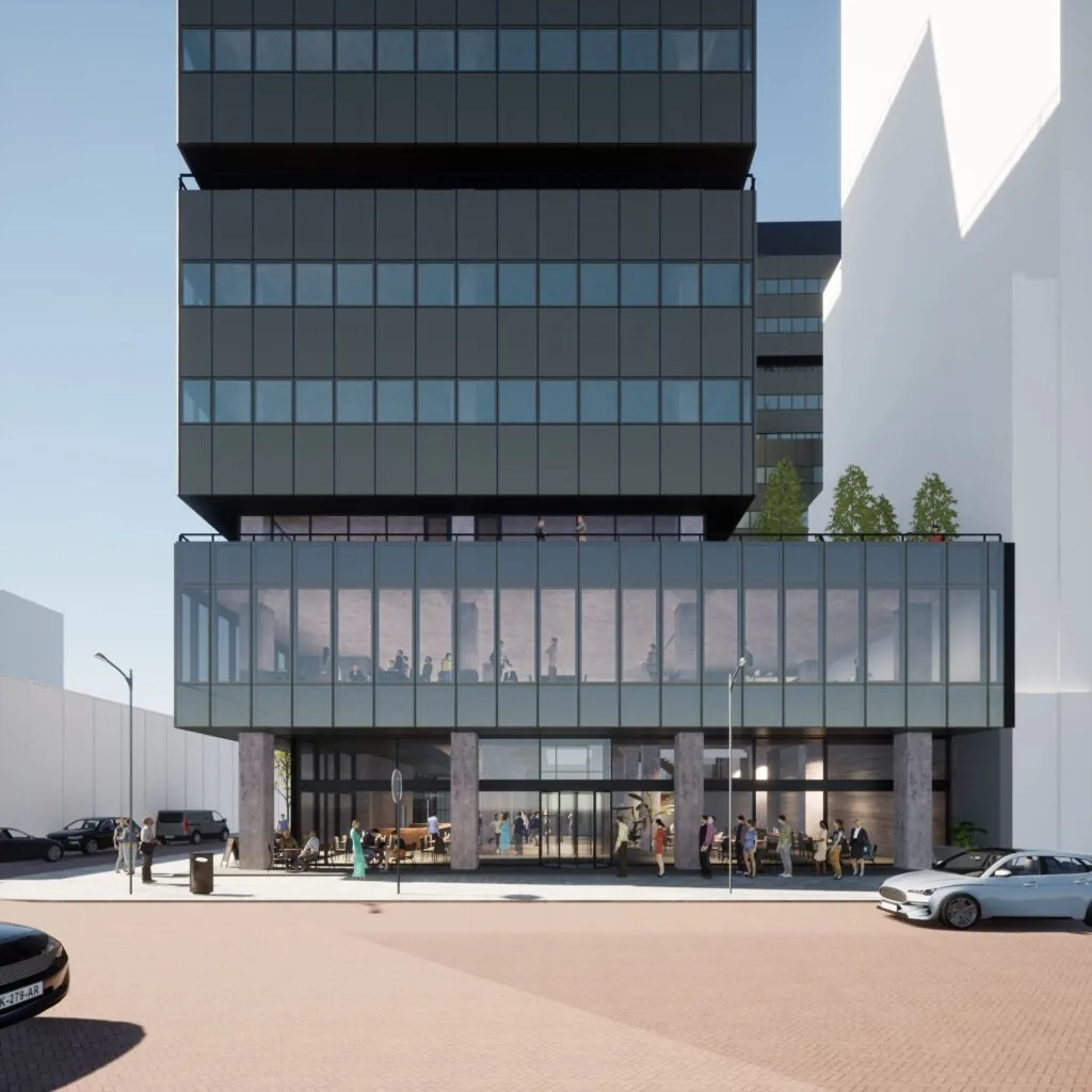 Moderne hoogbouw aan de Aert van Nesstraat met glazen gevels en actieve plint met voetgangers.